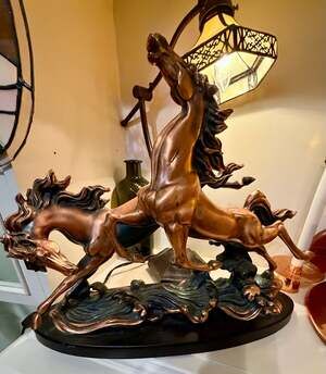 Rustic Western Bronzed Resin Running Horses Statue